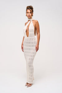 HONEYCOMB KNIT PLUNGE MAXI DRESS IN SAHARA